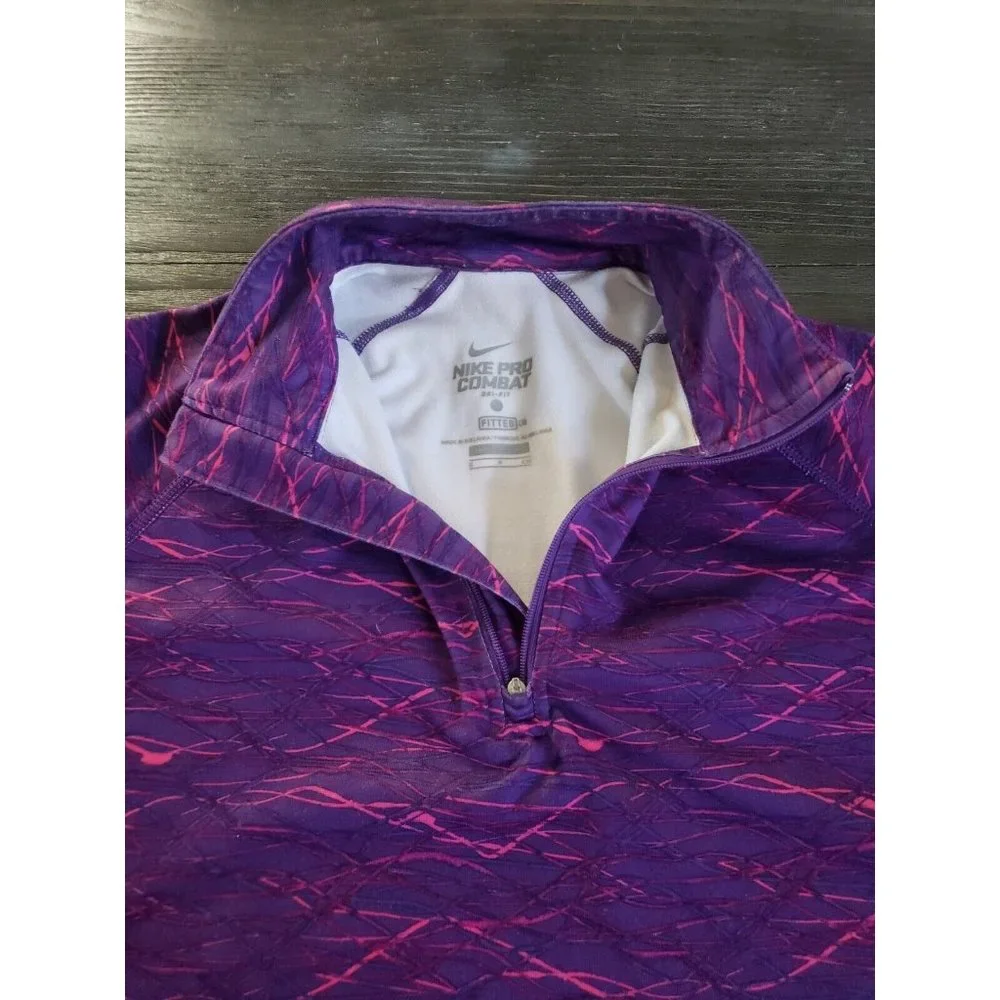 Nike Pro Combat Shirt Purple Dri Fit Fitted 1/4 Zip Thumb Holes Logo Women Sz S - Picture 11 of 15